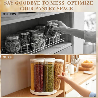 6 Grids 360° Rotating Cereal Dispenser Countertop - 7 lbs Rice Dispenser for Pantry Kitchen - Small Food Storage Containers Set with Lids - Grain Cereal Storage Container for Oats, Flour, Bean