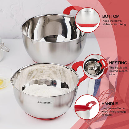 Hillbond Stainless Steel Bowls with Lids Set Mixing Bowls with Pour Spout, Silicone Handle and Non-Slip Bottoms for Baking, Metal Bowls Mixing Dishwasher Safe, Set of 3, Mother’s Day Gift (Black)