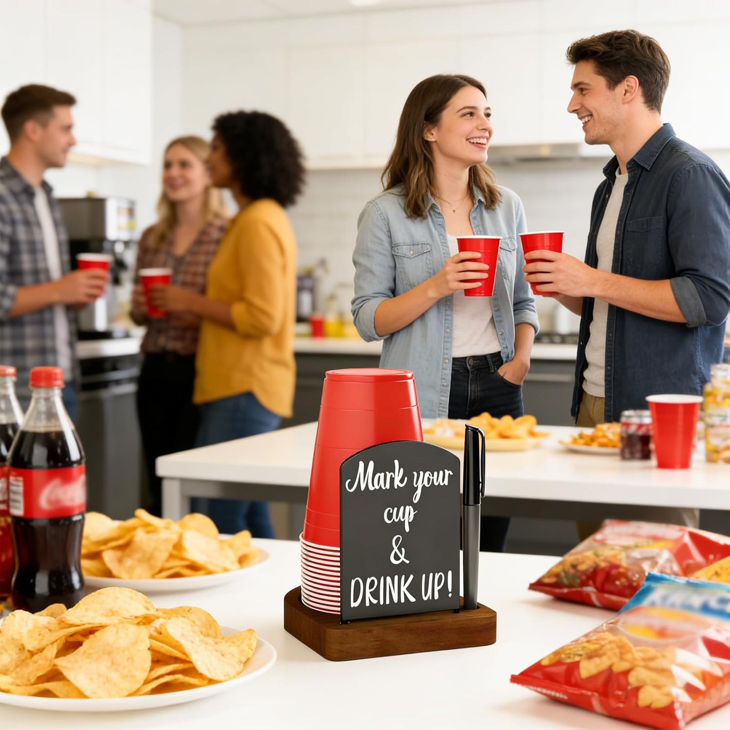 Decorative Solo Cup Holder with Marker Slot, Disposable Cup Dispenser Prevents Drink Mix-Ups – A Hosting Essential for Birthdays, BBQs, Gatherings & Housewarming, Brown