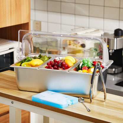 Condiment Tray Stainless Steel Serving Display Set with Lid for Buffet Restaurant Kitchen, Food Chilled Container for Salad Fruit Condiments, Keeps Food Fresh with Ice Box(6 Compartments)