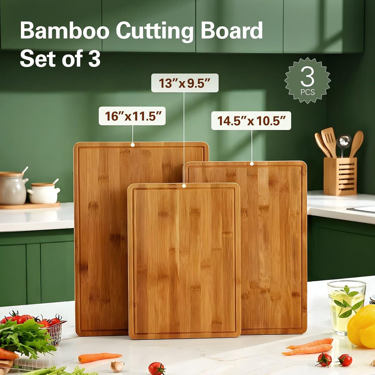 Zarler Bamboo Cutting Boards for Kitchen, 3 Piece Durable Wood Cutting Board with Juice Grooves and Handles, Wooden Chopping Board Set for Meal Prep, XL Size, Ideal Kitchen Gift