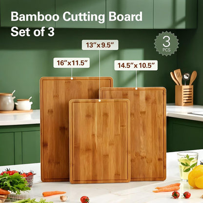 Zarler Bamboo Cutting Boards for Kitchen, 3 Piece Durable Wood Cutting Board with Juice Grooves and Handles, Wooden Chopping Board Set for Meal Prep, XL Size, Ideal Kitchen Gift