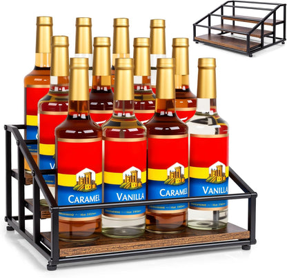 kimilus Coffee Syrup Organizer Rack, Liquor Bottle Display Shelf, 2 Tier 10 Syrup Bottles Holder Stand for Coffee Bar Kitchen Small Wine Rack for Family Storage for Syrup Wine Dressing