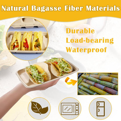 Nexboraque 50 Pack Disposable Taco Holder, 3 Compartments Biodegradable Taco Plates Taco Stands Bar Serving Set for a Party, Taco Tuesday, Microwave Safe