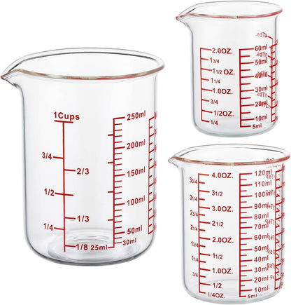 3 Piece Glass Measuring Cup Set, Includes 1/2-Cup, 1-Cup, and 2-Cup High Borosilicate Glasss Liquid Measuring Cups, Dishwasher, Freezer, Microwave, and Preheated Oven Safe, Essential Kitchen Tools