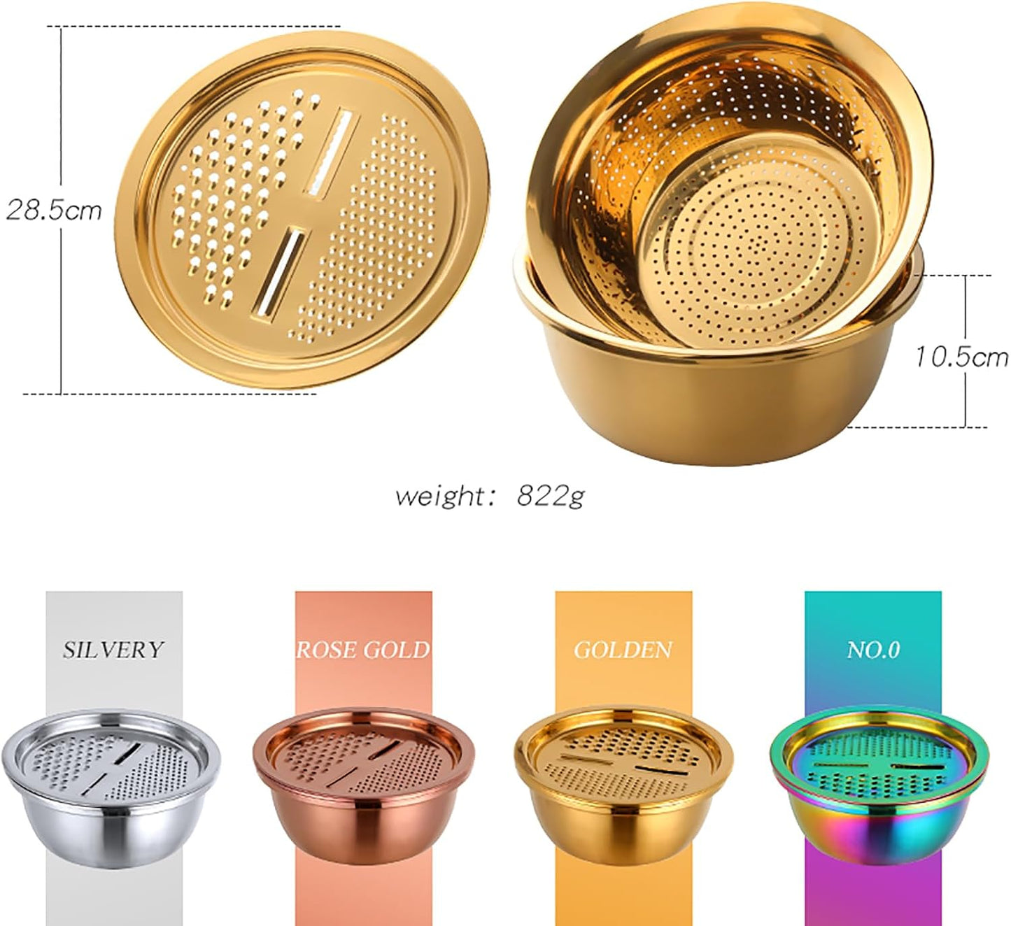 DOCBLACK Colander, 3Pcs Stainless Steel Kitchen Tool 3 in 1 Drain Basket Fruit and Vegetable Cutter Strainer Bowl Set Drain Pot Basket Grater for Fruits Vegetables Rice Washing Mixing - Gold