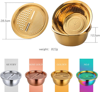 DOCBLACK Colander, 3Pcs Stainless Steel Kitchen Tool 3 in 1 Drain Basket Fruit and Vegetable Cutter Strainer Bowl Set Drain Pot Basket Grater for Fruits Vegetables Rice Washing Mixing - Gold