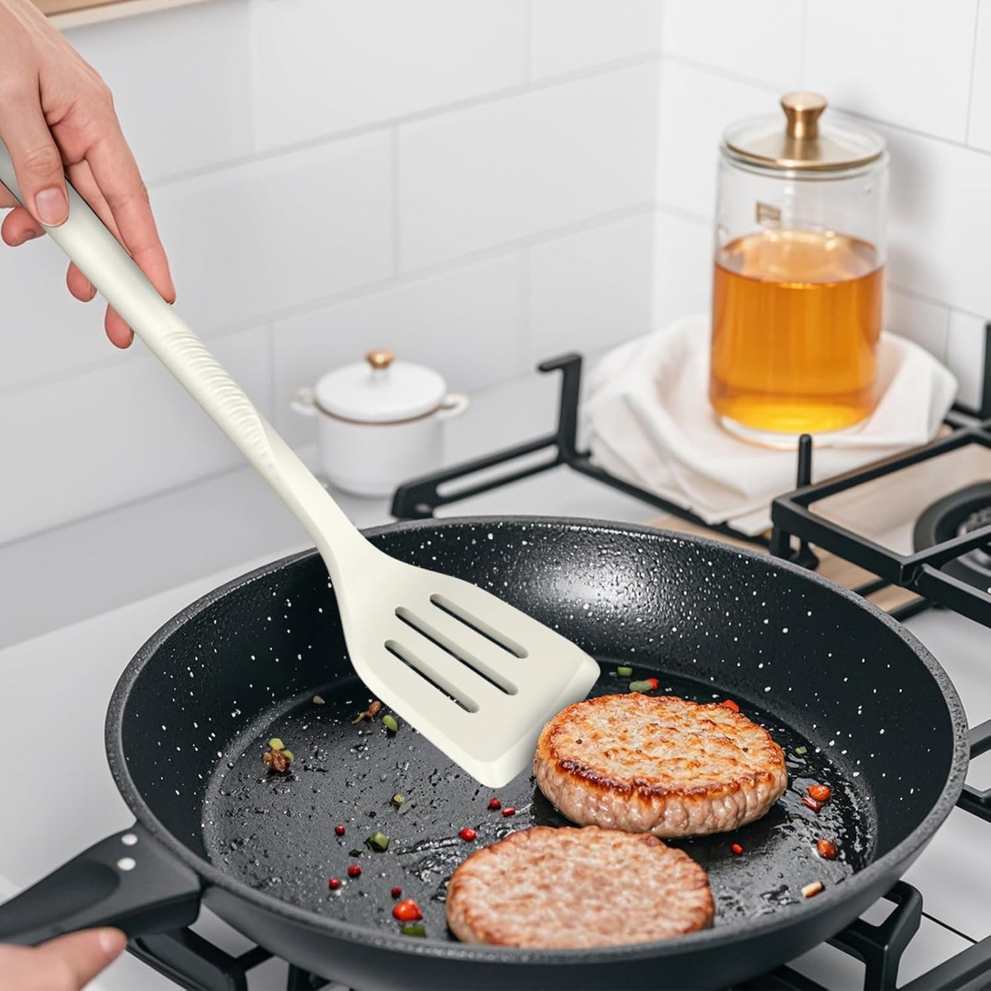 Silicone Cooking Utensils Set - 600°F Heat Resistant, Nonstick Kitchen Utensil Set with Spatulas, Spoons, Whisk, Tongs, BPA Free, Dishwasher Safe, Black