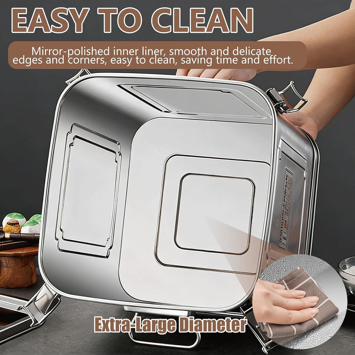 304 Stainless Steel Airtight Storage Container with Locking Clamps, Leak-Proof Square Canister for Dry & Wet Food, Heavy-Duty Storage Bin with Handles for Kitchen and Commercial Use(8.7GAL)
