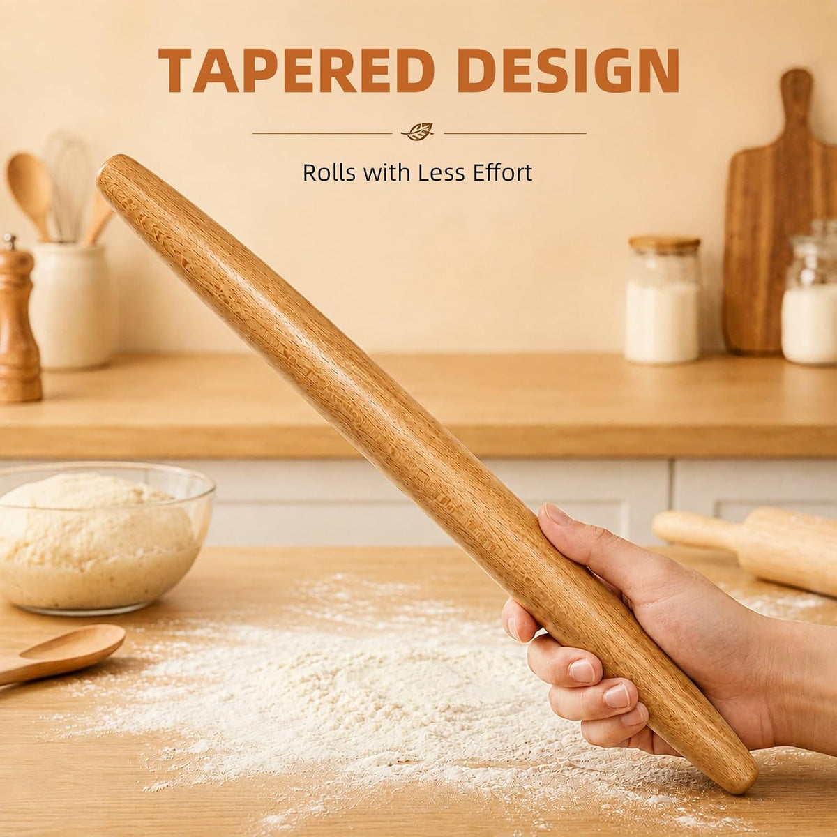French Tapered Rolling Pin for Baking, 17 Inch Solid Wood