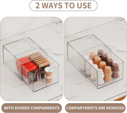 4 Pack Clear Tea Bag Organizers with Adjustable Dividers, Stackable Tea Drawer Organizer Box for Pantry, Coffee Bar, Kitchen Cabinet, Acrylic Food Storage Bins for Snacks, Sugar & Spice Packets