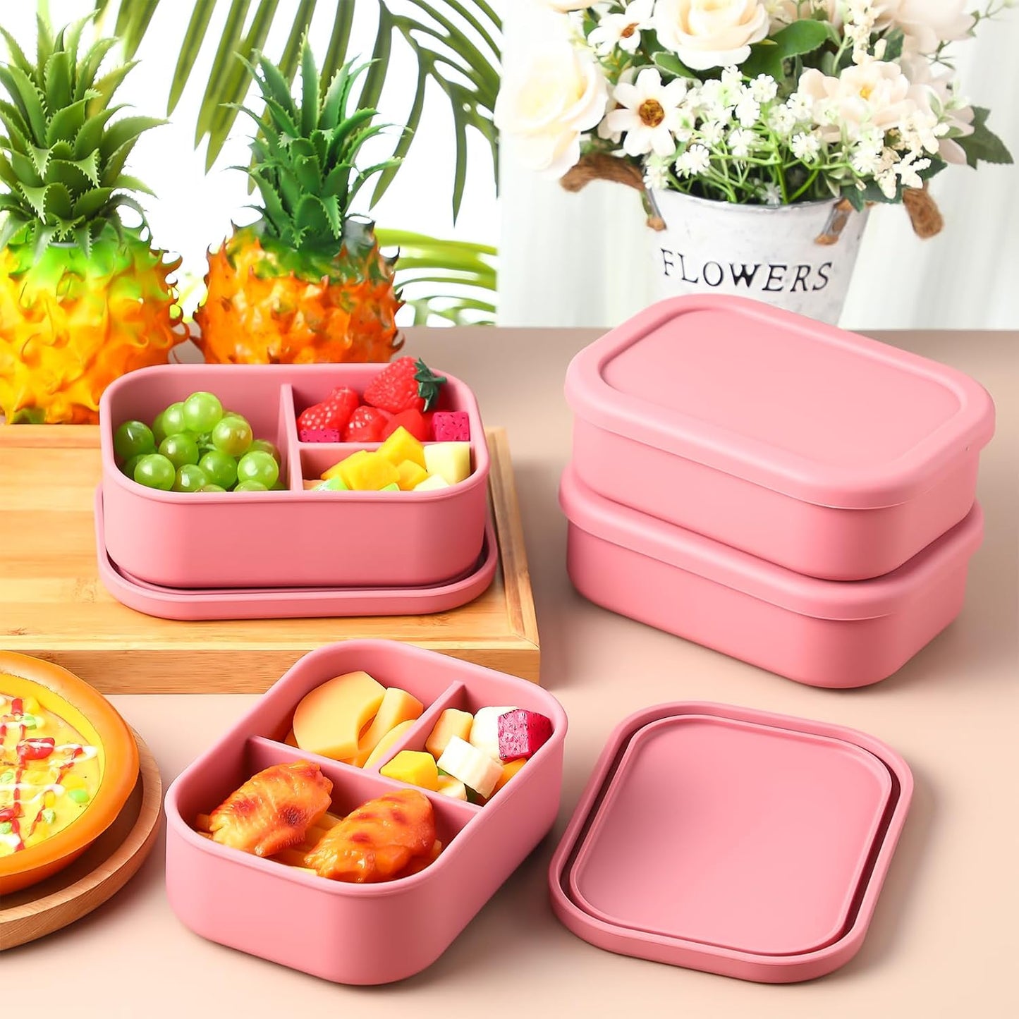 Honeydak 6 Pcs Silicone Bento Box Reusable Silicone Bento Lunch Container for Adults Microwave Dishwasher Freezer Safe 3 Compartment (Light Colors)