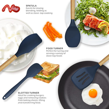 oannao Silicone Cooking Utensils Set - 446°F Heat Resistant Silicone Kitchen Utensils for Cooking,Kitchen Utensil Spatula Set w Wooden Handles, BPA FREE Gadgets for Non-Stick Cookware (Khaki)