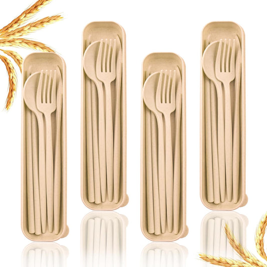 4 Sets Reusable Utensils Set with Case,Camping Cutlery Set Travel Silverware Set with Case Lunch Utensils Set for Work,Utensil Sets for Lunch Picnic Daily Use Outdoor (COLOR A)