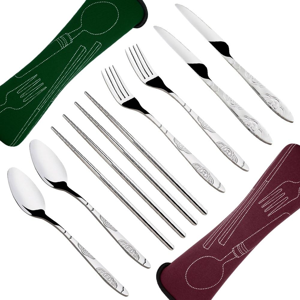 SENHAI 8 Pieces Flatware Sets Knife, Fork, Spoon, Chopsticks, 2 Pack Rustproof Stainless Steel Tableware Dinnerware with Carrying Case for Traveling Camping Picnic Working Hiking