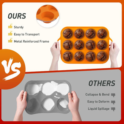 2 Packs 12 Cups Silicone Muffin Pan for Baking with Metal Reinforced Frame Regular Size Cupcake Pan Tray Egg Bites Silicone Cookie Molds Muffin Tin Tart Pans Sheet Set for Oven Dishwasher Safe