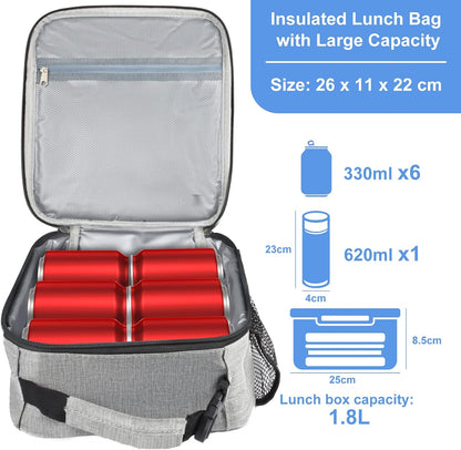 Insulated Lunch Bag, Leakproof Portable Lunch Box for Women Men Boys Girls, Large Capacity Cooler Bag with Handle and Bottle Pocket for Office School Camping Hiking Outdoor Beach Picnic (Black)