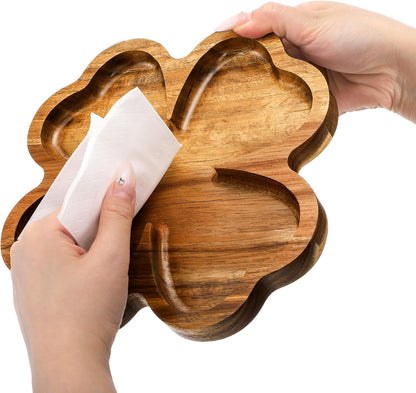 AVLA 2 Pack 8 Inch Wood Serving Platter Trays, Small Acacia Wooden Snack Board, Veggie Fruit Hosting Plate Dish, Food Serving Platter for Nuts Cheese Sushi Charcuterie Dessert, 4-Leaf Clover Design