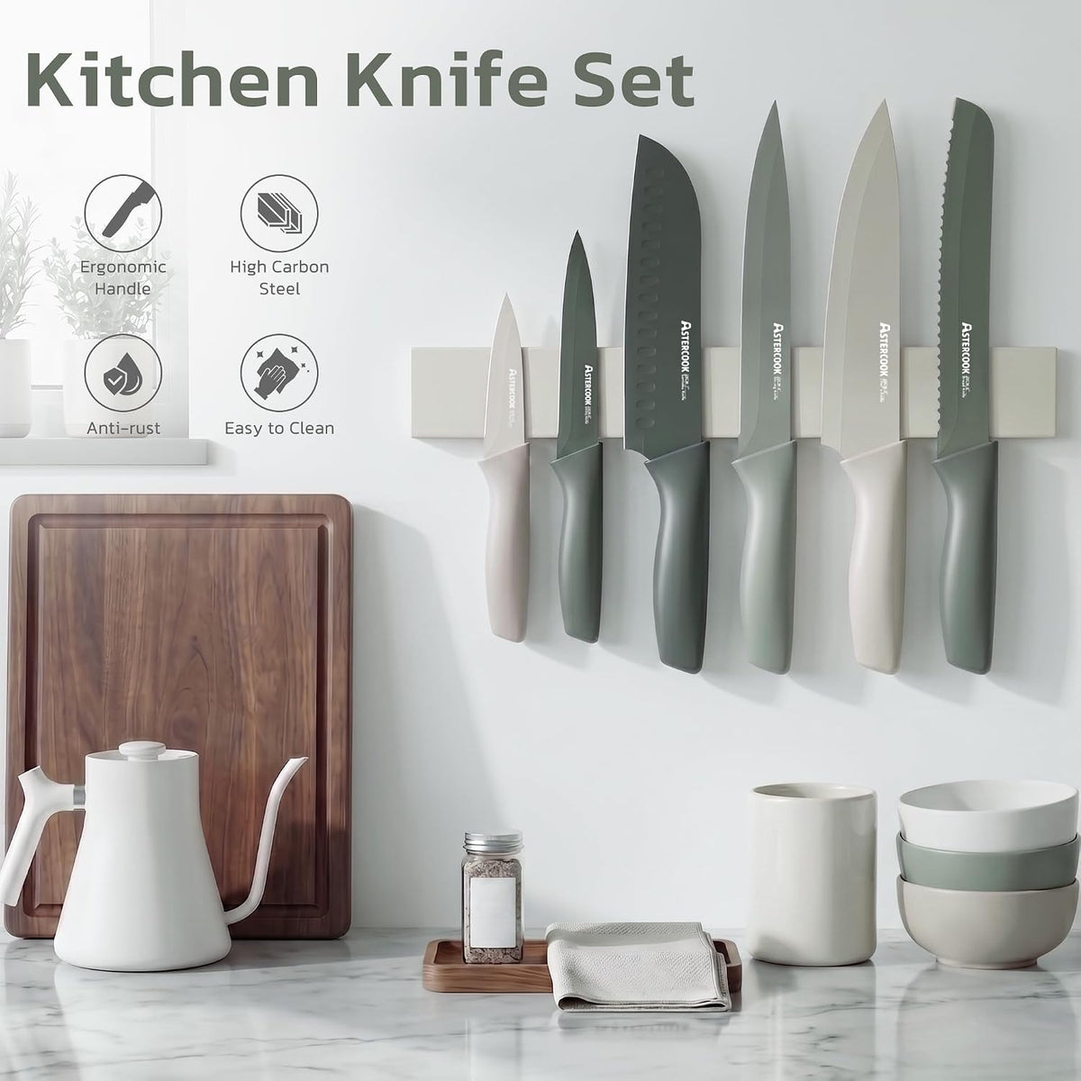 Astercook Knife Set, 13 Pieces Kitchen Knives Set with Healthy Anti-Rust Coating, Dishwasher Safe, Stainless Steel Chef Knife Sets with 6 Blade Guards, Perfect Holiday Gifts for Kitchen
