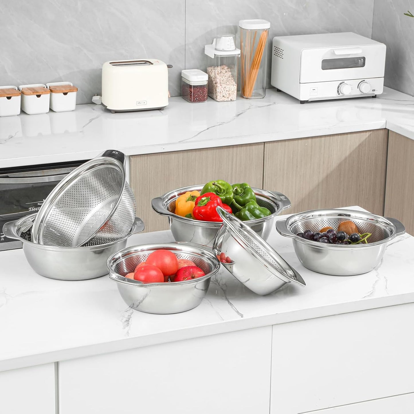 Paoli 304 Stainless Steel Fine Mesh Colander Set, 3.5QT Large Capacity Strainer with Mixing Bowl — Rinse Fruits, Veggies, Rice & Drain Pasta, Dishwasher Safe (2-Piece)