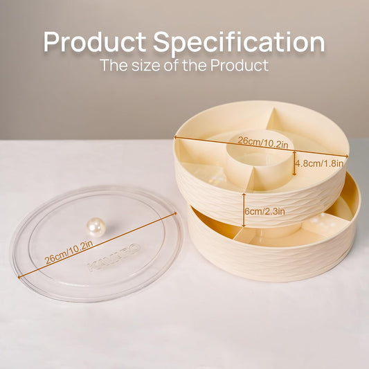 KAVARO Snack Tray with Lid – 2 Trays 1 Lid Large Circular Snackle Organizer - Snack Container – Reusable Divided Snack Spinner Tray with Compartments