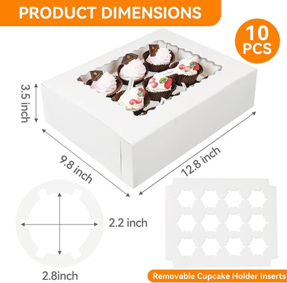 3-Set Cupcake Boxes Bulk with Clear Display Window Hold 12 Standard Cupcakes, Disposable Food Grade White Cupcake Carrier Cupcake Container, Perfect for Cupcakes Muffins Cookies Pastries
