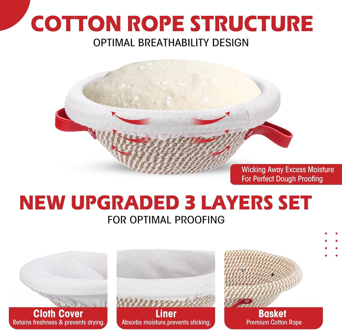 Gejoy 4 Set Banneton Bread Proofing Baskets Bulk with Liner Scraper Handle