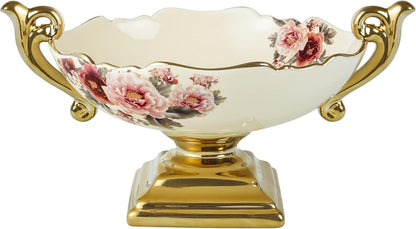 fanquare 3 Compartment Platter, Gold Porcelain Appetizer Serving Tray, Floral Ceramic Divided Serving Plate for Fruit, Candy, Nuts