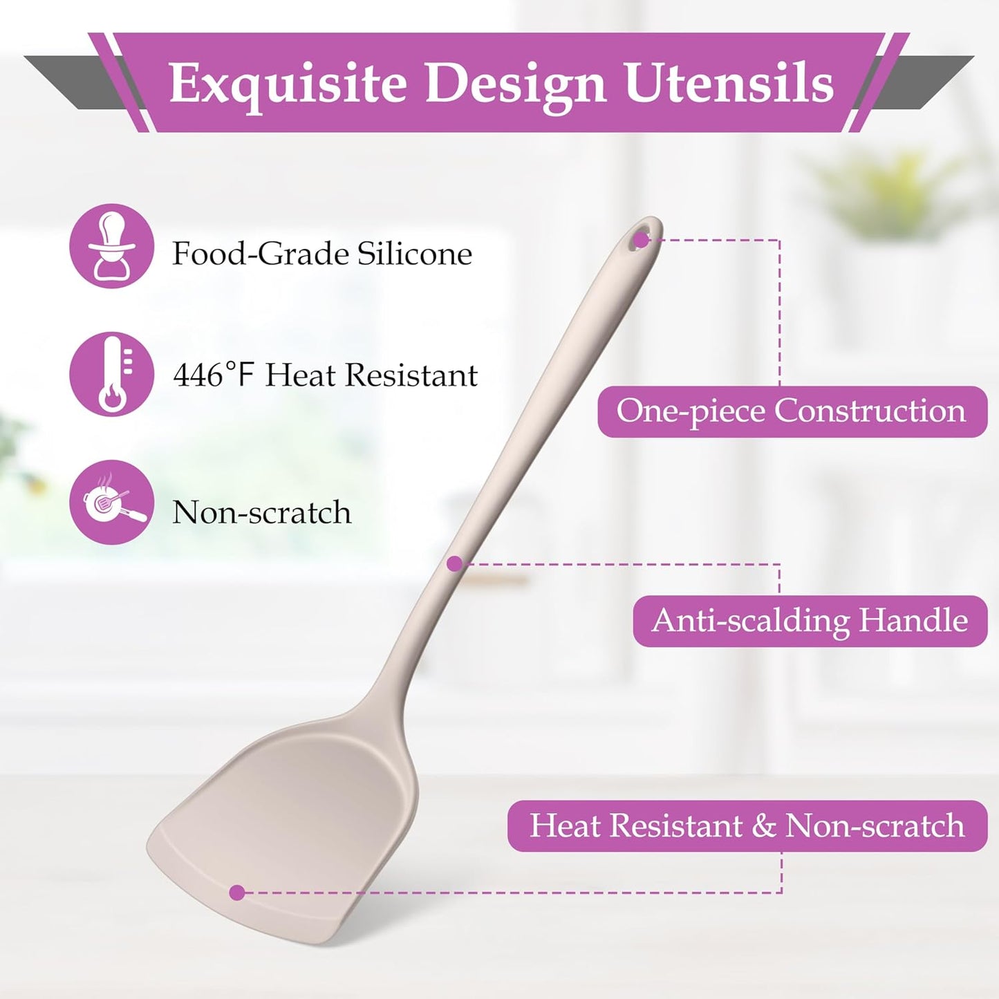 LIANYU Non-Toxic Silicone Kitchen Utensils Set, 8 Piece Non-Scratch Cooking Spoons & Spatulas, Stainless Steel Core, Heat Resistant & Dishwasher Safe, Khaki