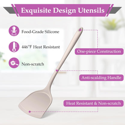 LIANYU Non-Toxic Silicone Kitchen Utensils Set, 8 Piece Non-Scratch Cooking Spoons & Spatulas, Stainless Steel Core, Heat Resistant & Dishwasher Safe, Khaki