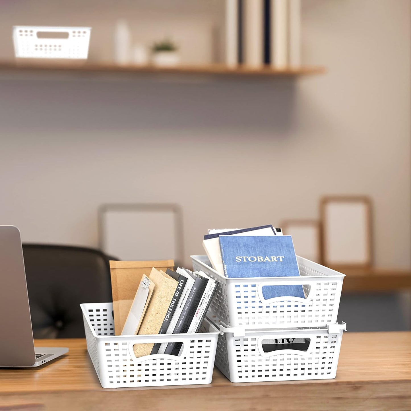 Simple Houseware Stackable Plastic Woven Basket Organizer, 6 Pack, White | 14.5" D x 8.5" W x 3.5" H