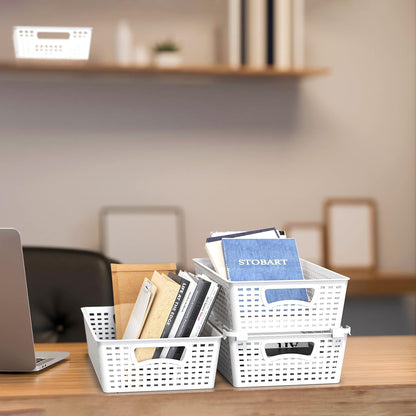 Simple Houseware Stackable Plastic Woven Basket Organizer, 6 Pack, White | 14.5" D x 8.5" W x 3.5" H