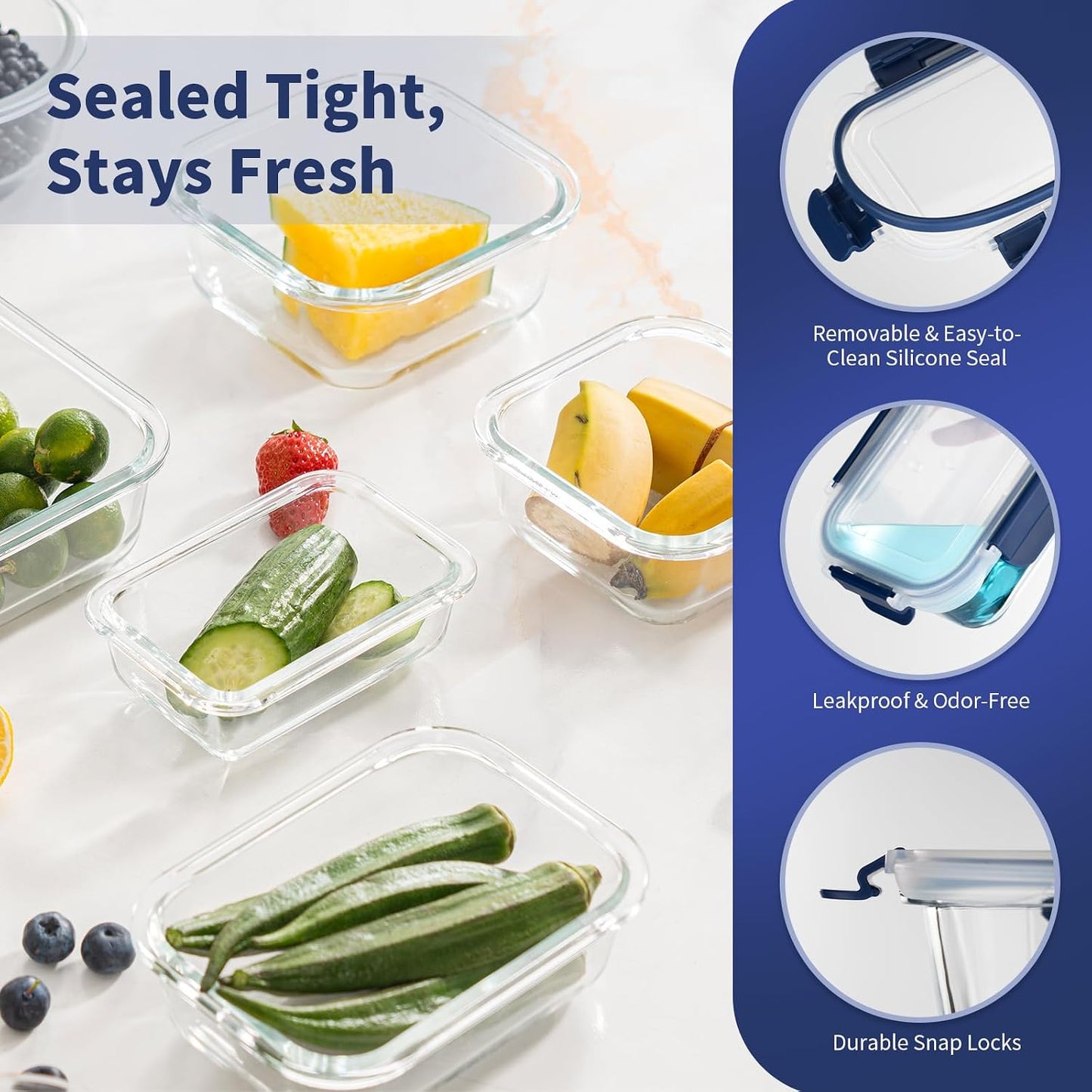 GENICOOK Glass Food Storage Containers With Glass Lids Bento Box Set Lunch Box Eco Friendly Meal Prep Containers Airtight – Plastic Free, Silicon Sleeve Bpa Free 4.4cup/ 5 * 1050ml