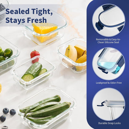 GENICOOK Glass Food Storage Containers With Glass Lids Bento Box Set Lunch Box Eco Friendly Meal Prep Containers Airtight – Plastic Free, Silicon Sleeve Bpa Free 4.4cup/ 5 * 1050ml