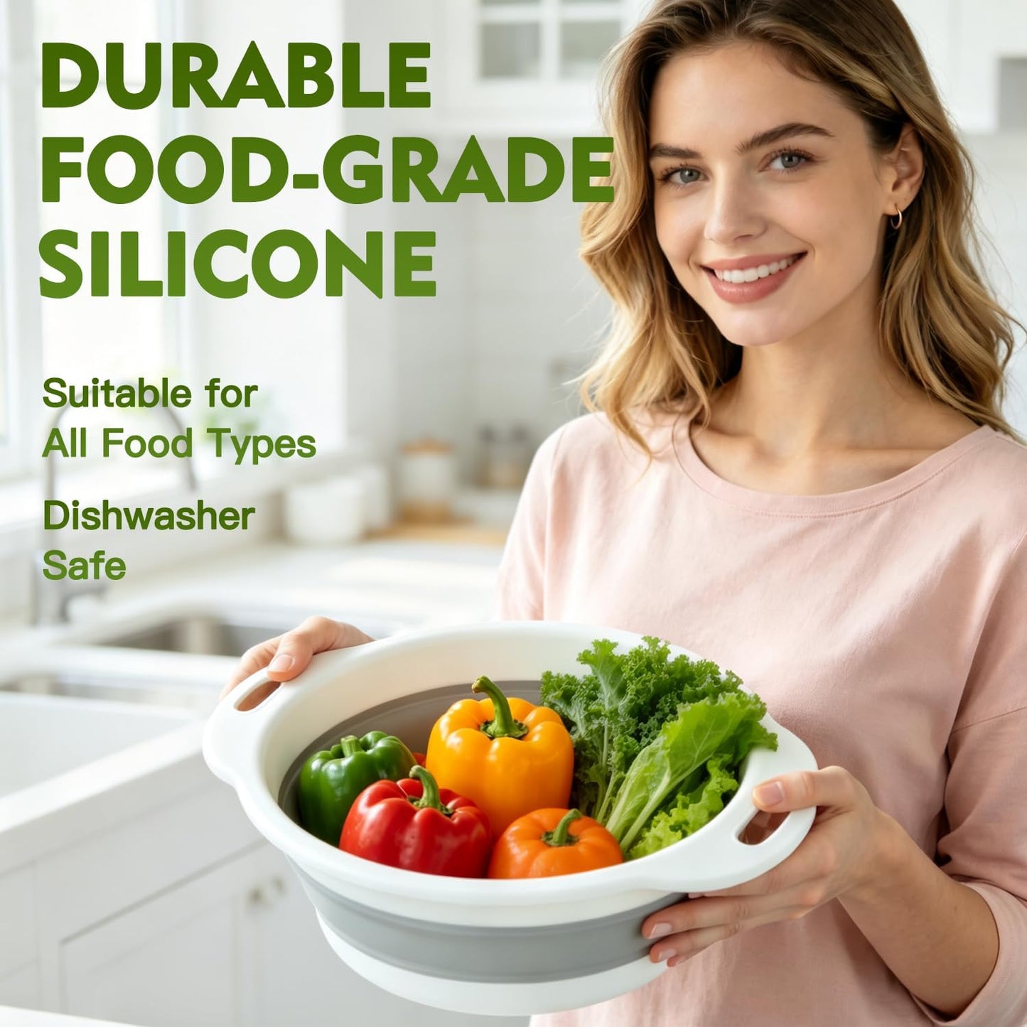 Collapsible Colanders Set, 3 Pack Food Strainers with Over-Sink Water Draining Base for Pasta Fruits and Vegetables
