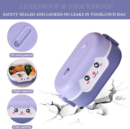 Cute Bento Box, with Cutlery Set Portable Lunch Box, 700ML Leak-proof 2 Compartment Lunch Container, Reusable Snack Box, Microwave/Dishwasher/Freezer Safe, BPA Free, Snack Container (Purple)