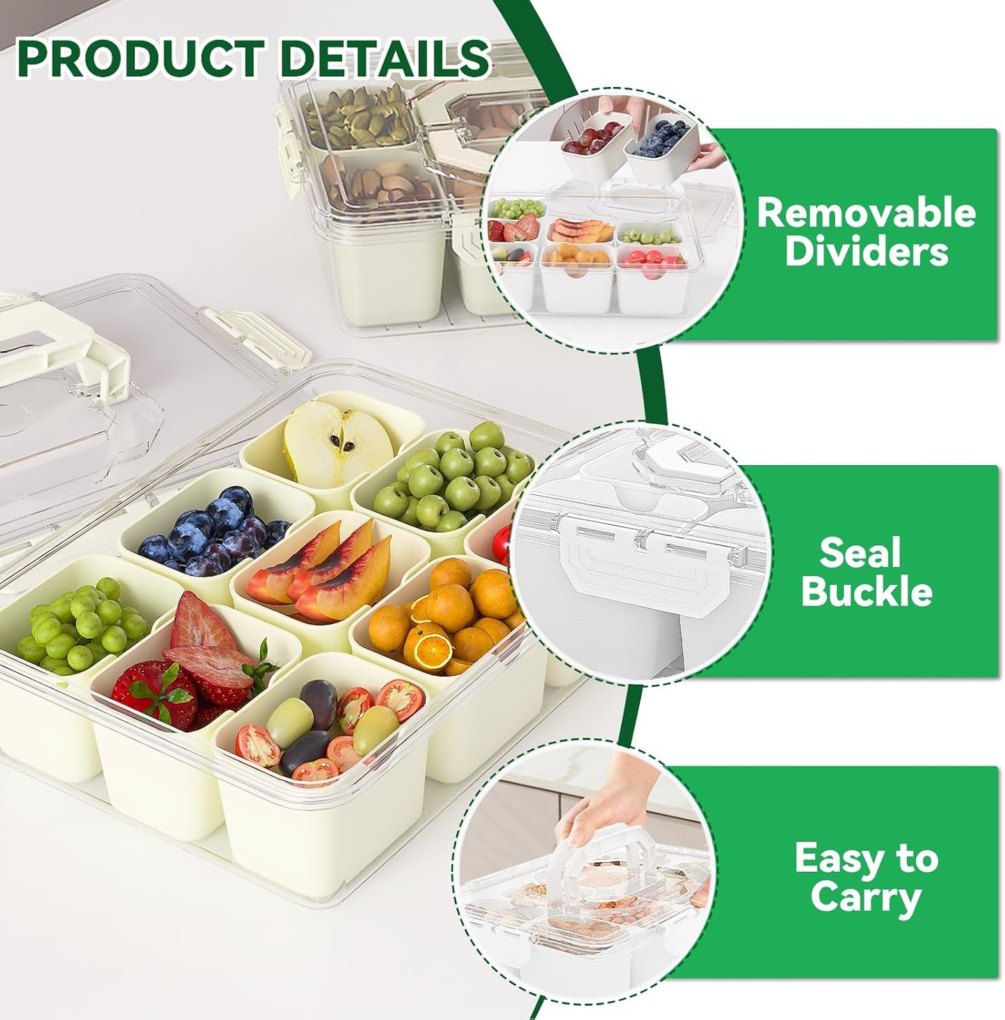 REBECAT Divided Serving Tray with Lid and Handles 9 Compartments Snack Box Container Charcuterie Organizer Snackle Box Container for Candy,Nuts，Fruits,Snacks,2 Pack,Beige
