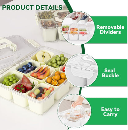 REBECAT Divided Serving Tray with Lid and Handles 9 Compartments Snack Box Container Charcuterie Organizer Snackle Box Container for Candy,Nuts，Fruits,Snacks,2 Pack,Beige