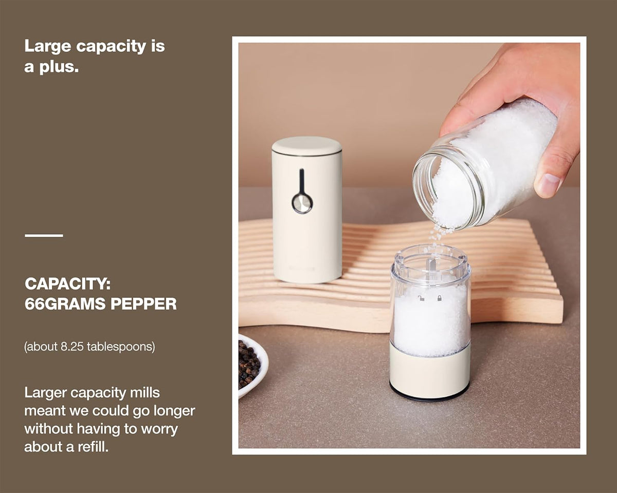 Stainless Steel Rechargeable Electric Salt and Pepper Grinder Set – USB Charging, One-Hand Electric Mill, Adjustable Coarseness, LED Light & Dust Cover –2pack(Greige & Buttercream)