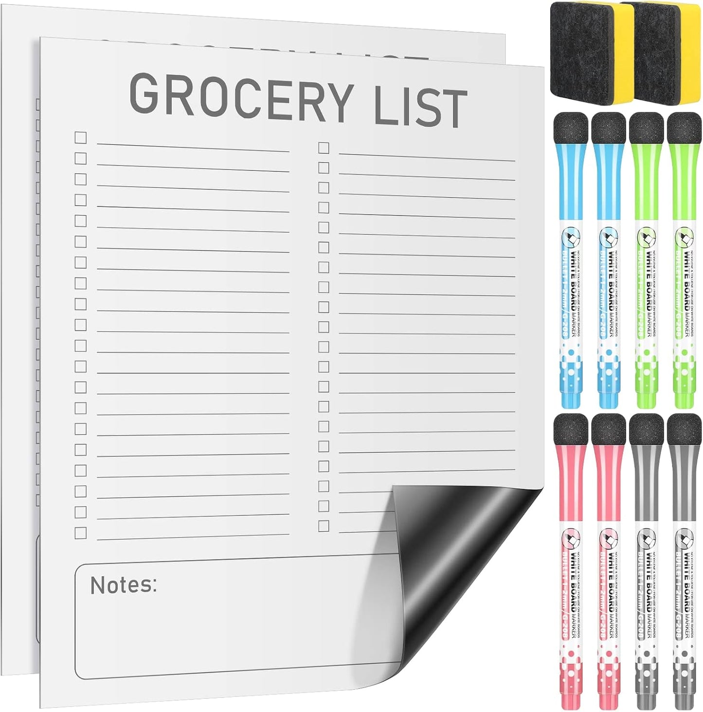 Gueevin 2 Pcs Magnetic Dry Erase Grocery List for Fridge 10" x 12" Magnet White Board Sheet with 8 Whiteboard Markers 2 Eraser Reusable for Refrigerator Kitchen Locker Cabinet Door(Black Line)
