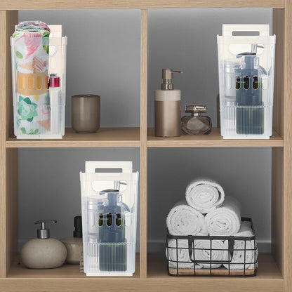 Qunclay 6 Plastic Freezer Organizer Bins with Wheel Set Clear Tall Narrow Kitchen Pantry Organizer Snack Storage Containers for Office Refrigerator(3 Sizes)