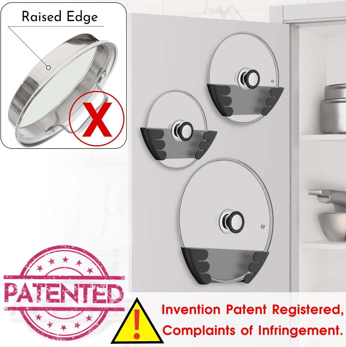 Universal Pot Lid Organizer for Cabinet - Upgraded Patented Niceyos Inside Cabinet Door Wall Mount Pan Top Storage Organizer Rack Holder for Kitchen, Fits 6" to 13" (Black)