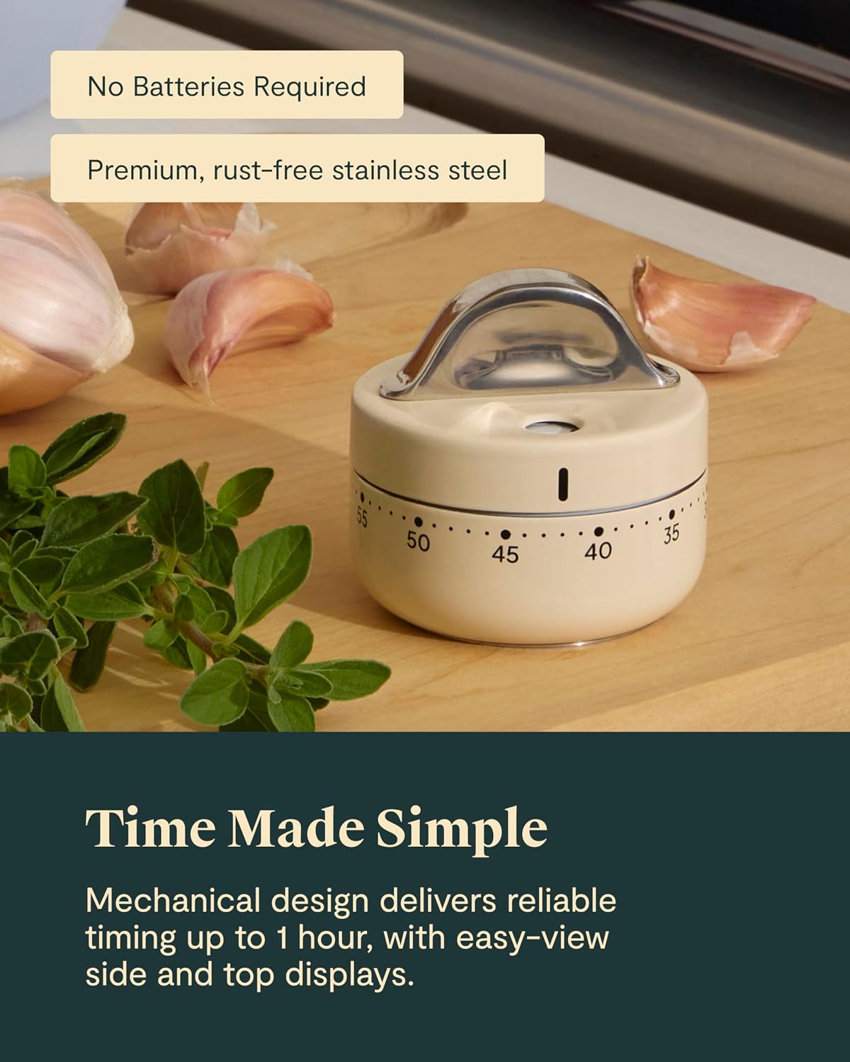 Caraway Mechanical Kitchen Timer, Stainless Steel 60 Minute Wind Up Timer
