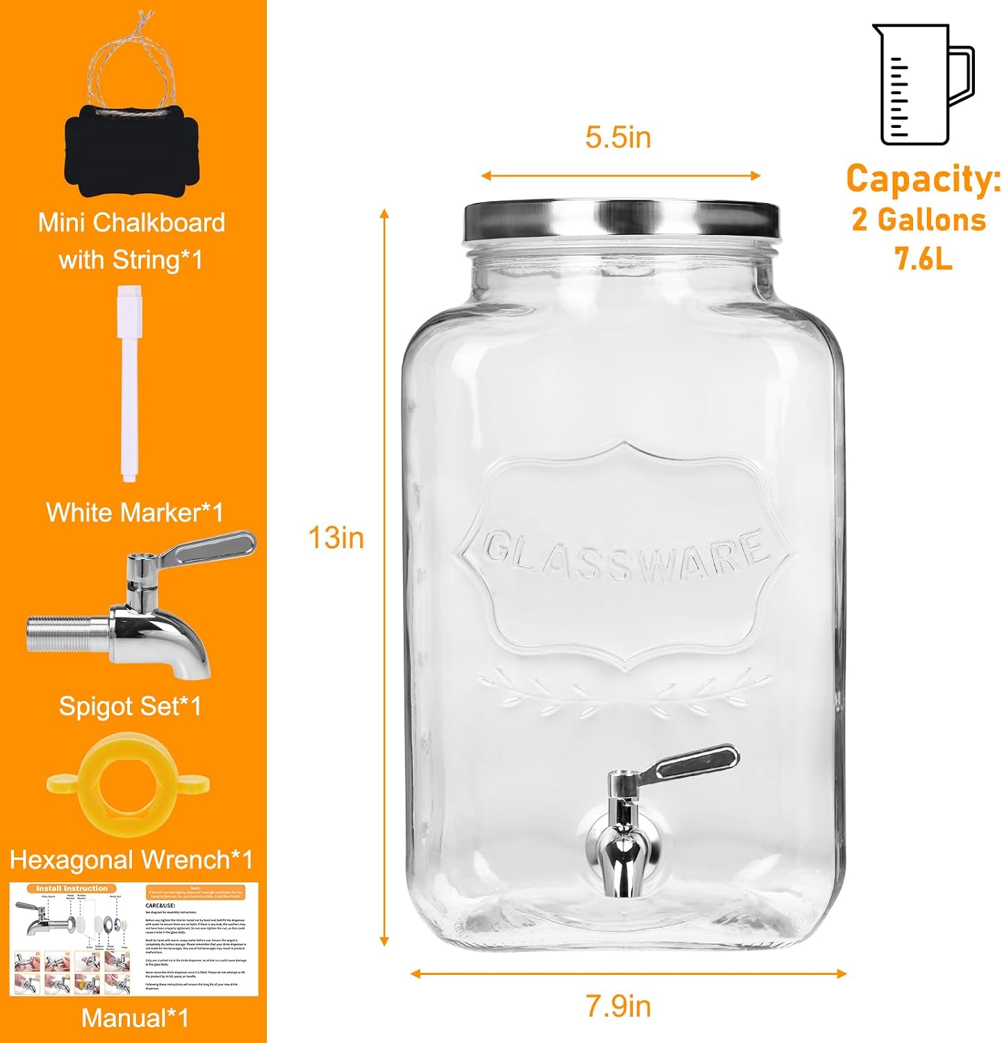 Bululuo Glass Drinks Dispenser for Parties, 2 Gallon Beverage Dispenser with Stand for Juice and Iced Tea, Water Jug Dispenser for Lemonade, Party Essential Beverage Pitcher with Spout