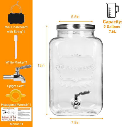 Bululuo Glass Drinks Dispenser for Parties, 2 Gallon Beverage Dispenser with Stand for Juice and Iced Tea, Water Jug Dispenser for Lemonade, Party Essential Beverage Pitcher with Spout