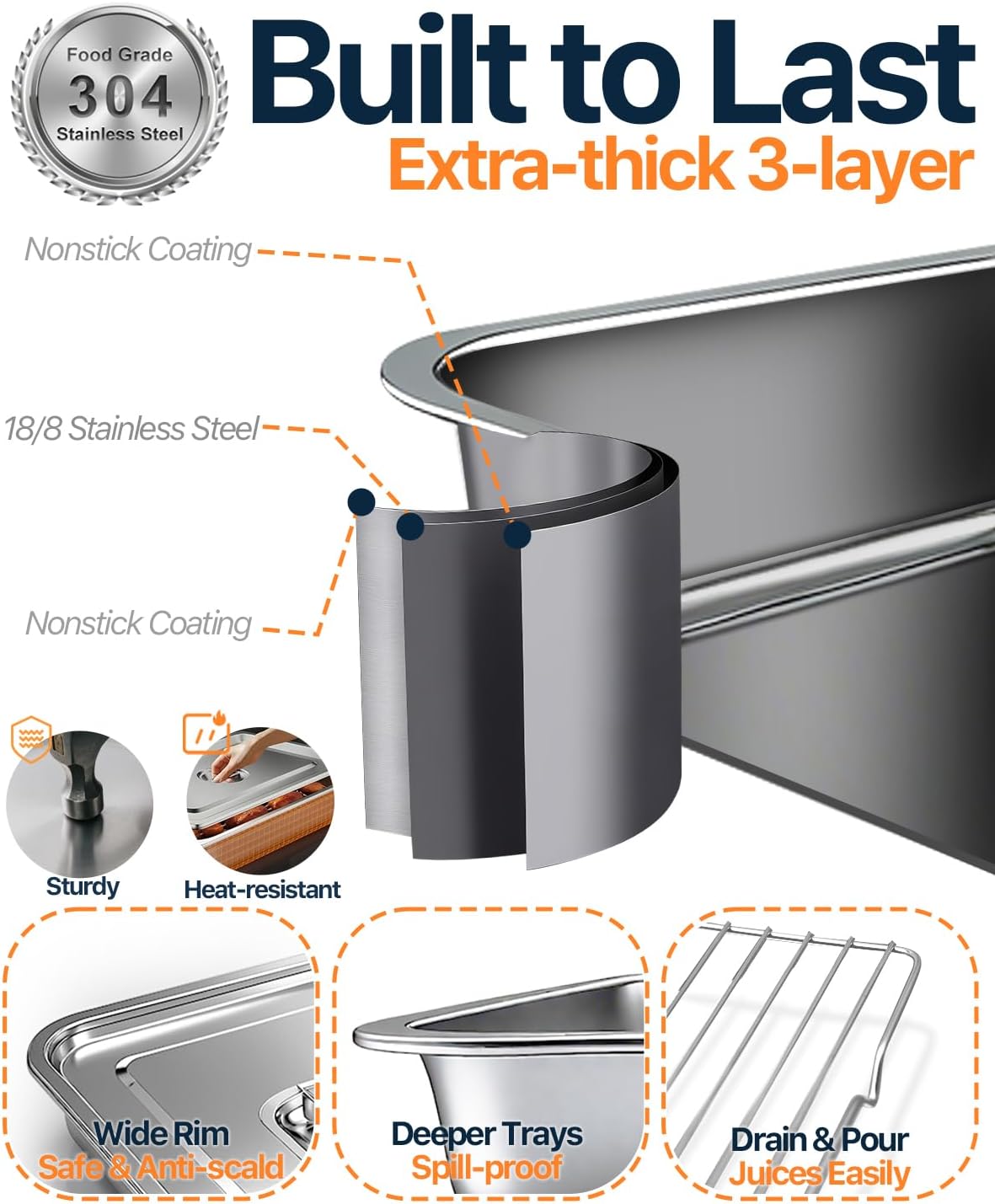 Grilling Prep and Serve Trays with Lid, Stainless Steel Extra Large Grill Carry System, Deep Marinating Container with Cutting Board for BBQ Outdoor Grilling