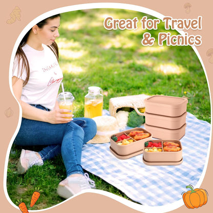Honeydak 6 Pcs Silicone Bento Box Reusable Silicone Bento Lunch Container for Adults Microwave Dishwasher Freezer Safe 3 Compartment (Light Colors)