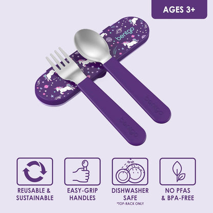 Bentgo Kids Stainless Steel Utensil Set - Reusable Fork, Spoon & Storage Case, PFAS- & BPA-Free, Easy-Grip Handles, Lightweight, Dishwasher Safe, School Lunch, Travel & Outdoors (Dinosaur)