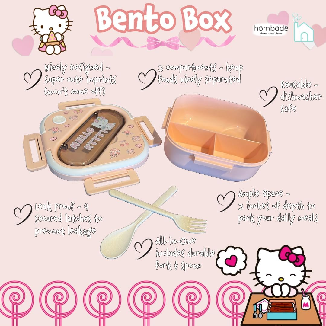 Bento Lunch Box Container Set with 3 Compartments Portable Personal Sealed Plastic Utensils Food Container Cute Kawaii Anime Kitty Bunny Dog (Pink Kitty)