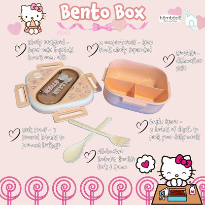 Bento Lunch Box Container Set with 3 Compartments Portable Personal Sealed Plastic Utensils Food Container Cute Kawaii Anime Kitty Bunny Dog (Pink Kitty)